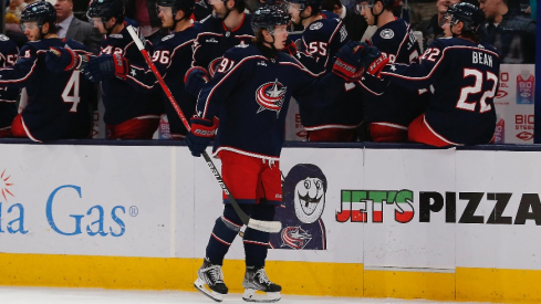 Columbus Blue Jackets left wing Kent Johnson (91) celebrates his goal against the Boston Bruins during the second period at Nationwide Arena.