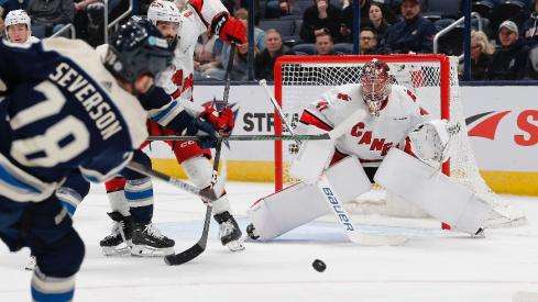 Feb 29, 2024; Columbus, Ohio, USA; Carolina Hurricanes goalie Spencer Martin (41) awaits the shot attempt from Columbus Blue Jackets defenseman Damon Severson (78) during the first period at Nationwide Arena.