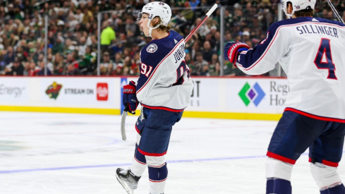 Columbus Blue Jackets center Kent Johnson (91) celebrates his goal against the Minnesota Wild during the second period at Xcel Energy Center.