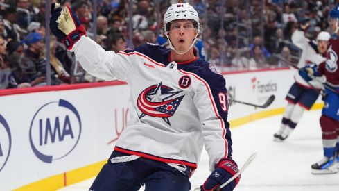 Columbus Blue Jackets center Kent Johnson (91) celebrates his goal scored in the first period against the Colorado Avalanche at Ball Arena.