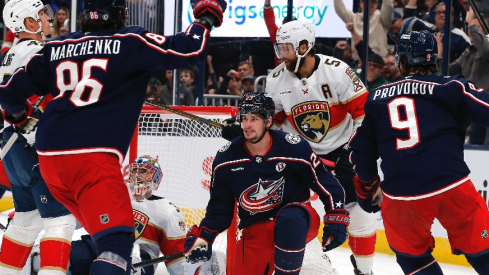 Columbus Blue Jackets center Sean Monahan (23) celebrates his goal against the Florida Panthers during the second period at Nationwide Arena.