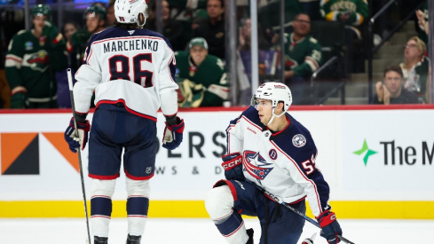 Columbus Blue Jackets right wing Yegor Chinakhov (59) reacts during the third period against the Minnesota Wild at Xcel Energy Center.