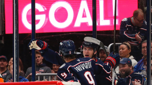 Columbus Blue Jackets center Adam Fantilli (19) celebrates his goal against the Buffalo Sabres during the second period at Nationwide Arena.