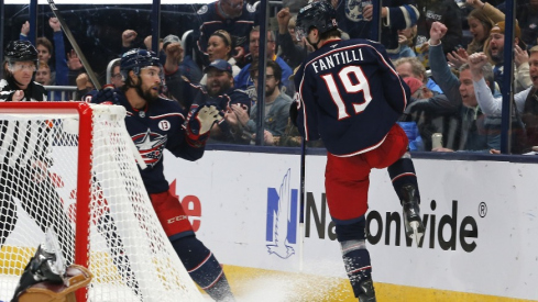 The Columbus Blue Jackets scored six goals Thursday night for the second time in three games, this time giving them their first home win of the season in a 6-4 victory over the Buffalo Sabres. 