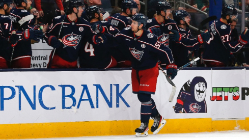 Columbus Blue Jackets right wing Yegor Chinakhov (59) celebrates his goal against the Minnesota Wild during the third period at Nationwide Arena.