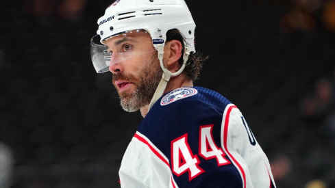 Columbus Blue Jackets defenseman Erik Gudbranson (44) warms up before a game against the Vegas Golden Knights at T-Mobile Arena.