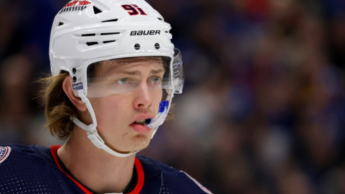 Columbus Blue Jackets center Kent Johnson (91) during the second period against the Buffalo Sabres at KeyBank Center. 