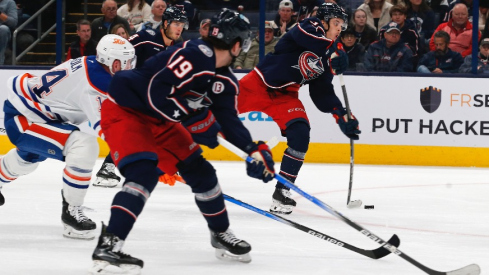 Columbus Blue Jackets left wing Mikael Pyyhtia (82) wrists a shot on goal against the Edmonton Oilers during the second period at Nationwide Arena.