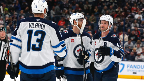 Winnipeg Jets defenseman Josh Morrissey (44) celebrates his goal against the Columbus Blue Jackets during the third period at Nationwide Arena.