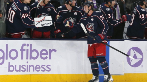 Columbus Blue Jackets center Kent Johnson (91) celebrates his goal against the Tampa Bay Lightning during the third period at Nationwide Arena.