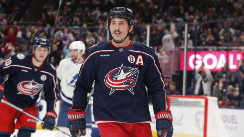 Columbus Blue Jackets defenseman Zach Werenski (8) looks on against the Tampa Bay Lightning during the second period at Nationwide Arena.