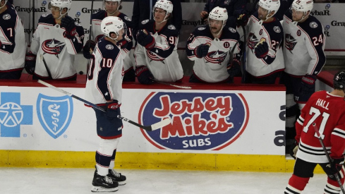 Columbus Blue Jackets left wing Dmitri Voronkov (10) celebrates his goal against the Chicago Blackhawks during the third period at United Center.