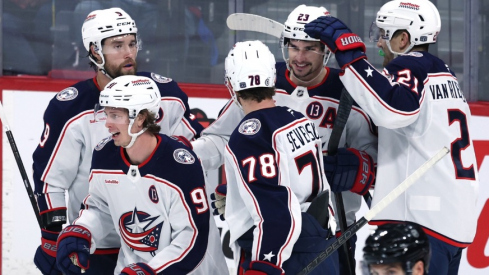 Columbus Blue Jackets center Kent Johnson (91) celebrates his third period goal against the Winnipeg Jets at Canada Life Centre.