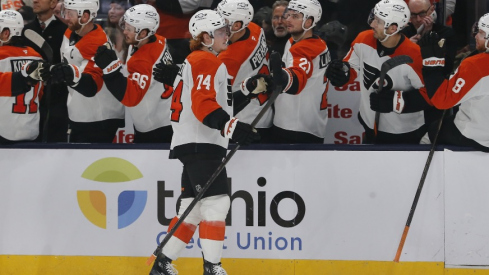 Philadelphia Flyers right wing Owen Tippett (74) celebrates his goal against the Columbus Blue Jackets during the first period at Nationwide Arena.