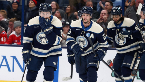 Columbus Blue Jackets defenseman Zach Werenski (8) celebrates his goal with teammates during the second period against the Washington Capitals at Nationwide Arena.