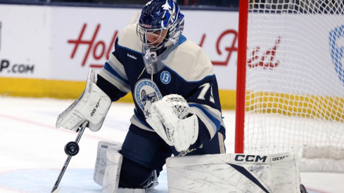 Dec 12, 2024; Columbus, Ohio, USA; Columbus Blue Jackets goaltender Jet Greaves (73) makes a save during the first period against the Washington Capitals at Nationwide Arena.