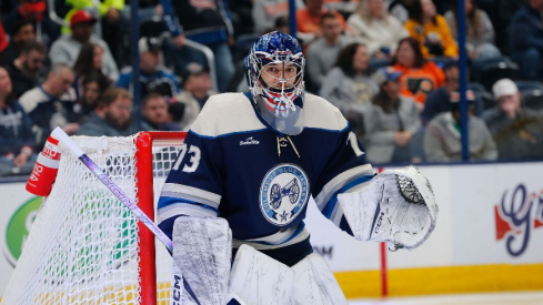 Columbus Blue Jackets goalie Jet Greaves (73) during the third period against the Philadelphia Flyers at Nationwide Arena.