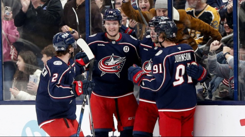 Sean Monahan and Dmitri Voronkov scored two goals each and the Columbus Blue Jackets scored three power play goals for the first time since 2021 in a 6-2 route of the Boston Bruins.