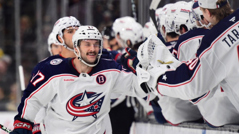 Columbus Blue Jackets right wing Justin Danforth (17) celebrates his shorthanded goal with his teammates during the third period against the Boston Bruins at TD Garden.