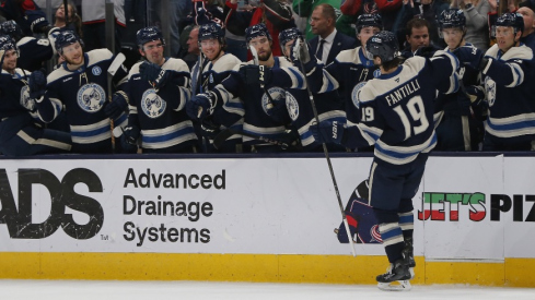 Columbus Blue Jackets center Adam Fantilli (19) celebrates his shootout game winning goal during the shootout against the Carolina Hurricanes at Nationwide Arena.