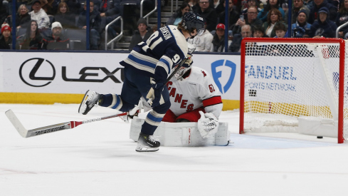 Kent Johnson scores a shootout goal against the Carolina Hurricanes