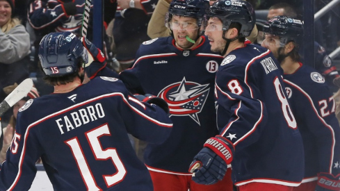 Columbus Blue Jackets left wing James van Riemsdyk (21) celebrates his goal against the Detroit Red Wings during the third period at Nationwide Arena.