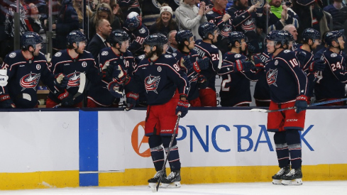 Columbus Blue Jackets right wing Kirill Marchenko (86) celebrates his goal against the Seattle Kraken during the third period at Nationwide Arena.