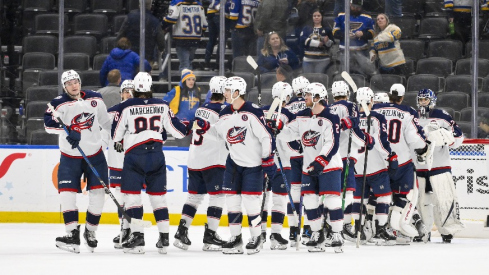 Columbus Blue Jackets celebrate after defeating the St. Louis Blues at Enterprise Center.