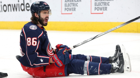 Columbus Blue Jackets right wing Kirill Marchenko (86) celebrates his game winning goal in overtime against the Los Angeles Kings at Nationwide Arena.