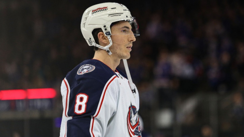 Columbus Blue Jackets defenseman Zach Werenski (8) warms up before the first period against the New York Rangers at Madison Square Garden.