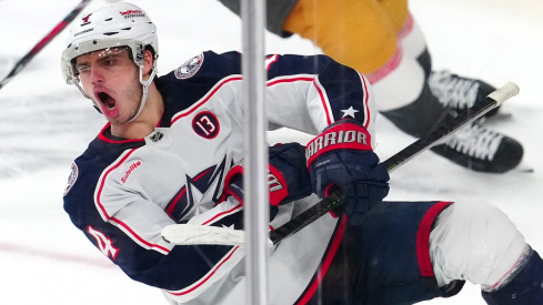 Columbus Blue Jackets center Cole Sillinger (4) celebrates after scoring a goal against the Vegas Golden Knights during an overtime period at T-Mobile Arena.