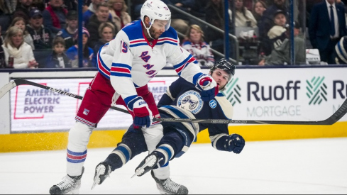 A late goal on a bad break pushed the New York Rangers past the Blue Jackets Saturday night, sending Columbus into the 4-Nations break with four straight losses.