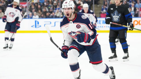 Columbus Blue Jackets center Adam Fantilli (19) celebrates scoring a goal against the Toronto Maple Leafs during the second period at Scotiabank Arena.