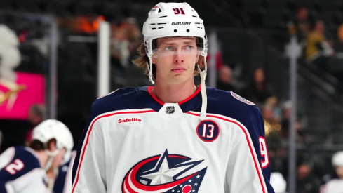 Columbus Blue Jackets center Kent Johnson (91) warms up before a game against the Vegas Golden Knights at T-Mobile Arena.