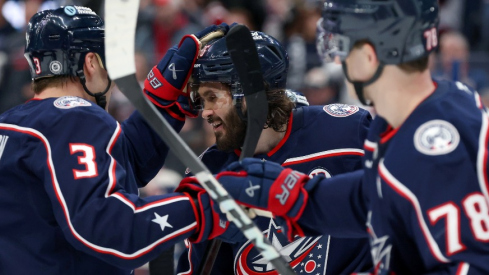 Columbus Blue Jackets right wing Kirill Marchenko (86) celebrates his game winning goal in overtime against the Los Angeles Kings at Nationwide Arena.