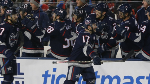 Justin Danforth scored the game-winning goal with just over two minutes left and Elvis Merzlikins made 43 in Columbus' 5-3 Stadium Series victory over Detroit.