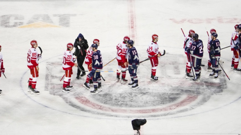 The Columbus Blue Jackets and the Detroit Red Wings shake hand after the Blue Jackets victory in the NHL Stadium Series game at the Ohio Stadium at Ohio Stadium.