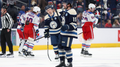 Columbus Blue Jackets defenseman Dante Fabbro (15) reacts as time winds down in a loss against the New York Rangers at Nationwide Arena.