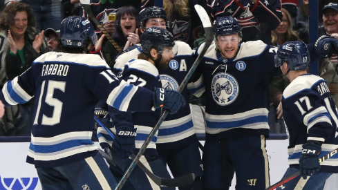 Columbus Blue Jackets center Mathieu Olivier (24) celebrates his goal against the New Jersey Devils during the third period at Nationwide Arena.