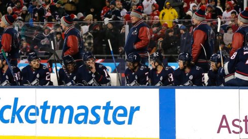 Columbus Blue Jackets head coach Dean Evason watches play against the Detroit Red Wings during the third period at Ohio Stadium.