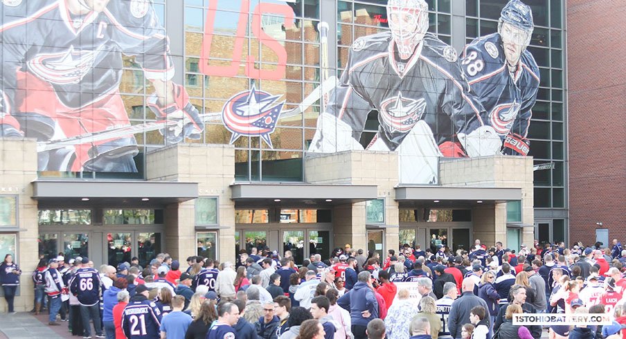 Columbus Blue Jackets fans gather around Nationwide Arena