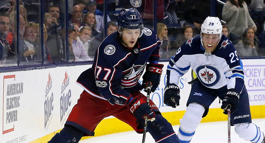 Josh Anderson skates with the puck before his game-winner in overtime against the Winnipeg Jets