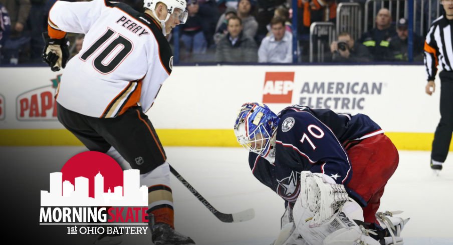 Corey Perry looks to put the puck past Joonas Korpisalo