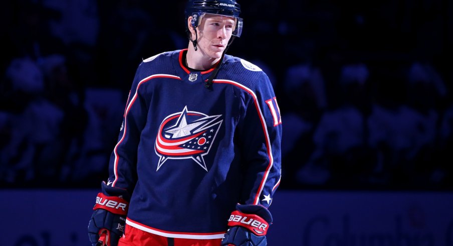 Blue Jackets forward Matt Calvert skates before the game 