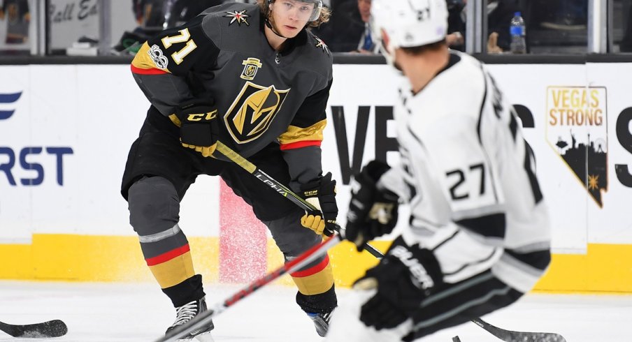 Golden Knights forward William Karlsson skates with the puck against the Kings