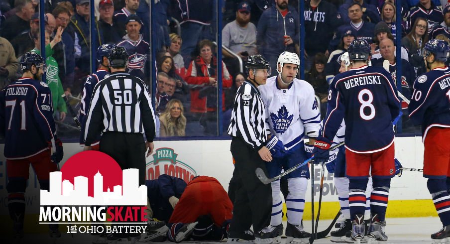 Roman Polak skates to the penalty box after making a dangerous hit on a Columbus Blue Jacket