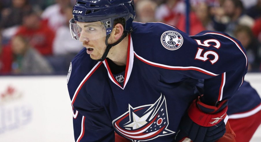 John Ramage waits for the puck to drop while he played for the Columbus Blue Jackets