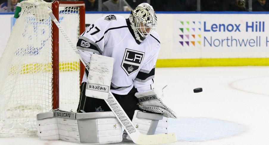 Jeff Zatkoff of the Los Angeles Kings waits for a puck 