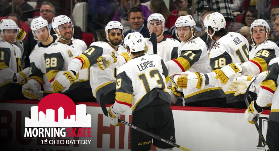 The Vegas Golden Knights celebrate a goal being scored 