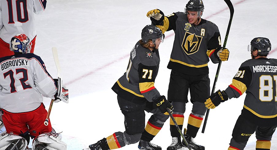 William Karlsson, Reilly Smith and Jonathan Marchessault celebrate a win over the Blue Jackets 